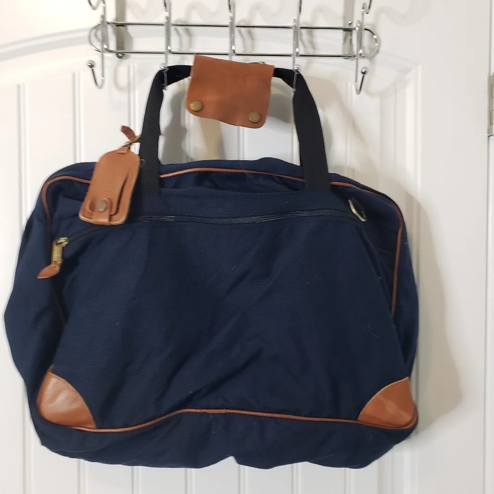 LL Bean Vintage Navy Blue Canvas and Leather Messenger Bag Suitcase No Strap